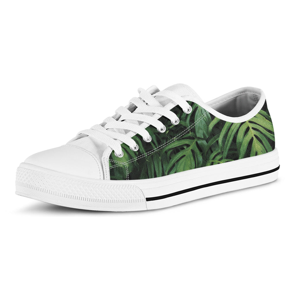 Green Monstera Leaf Print White Low Top Shoes