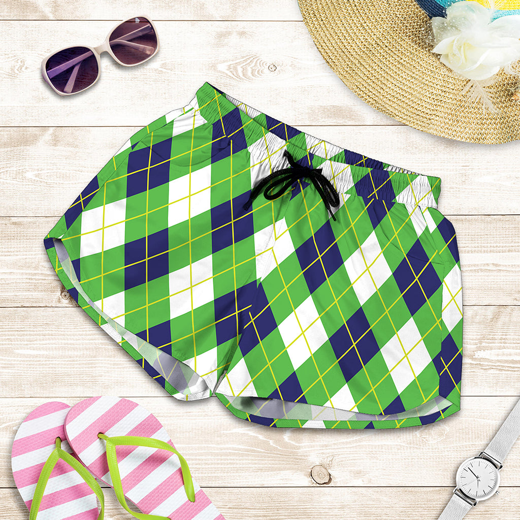 Green Navy And White Argyle Print Women's Shorts