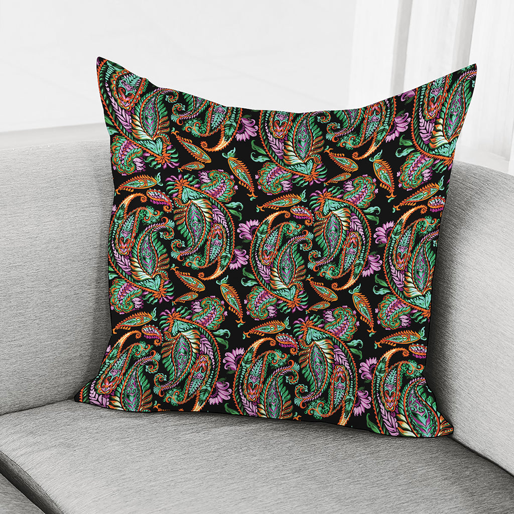 Green Orange And Pink Paisley Print Pillow Cover