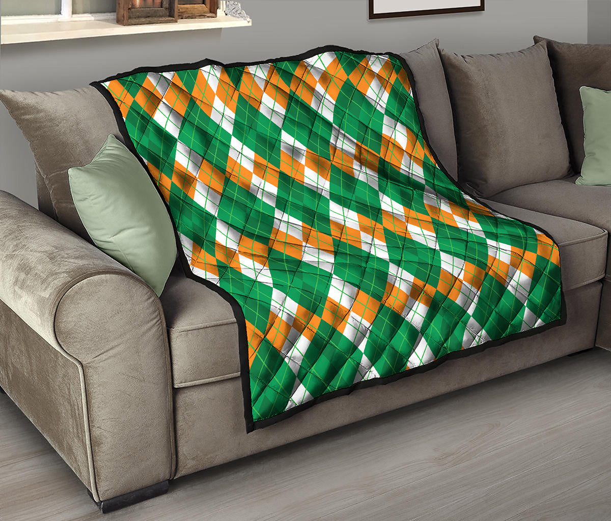 Green Orange And White Argyle Print Quilt