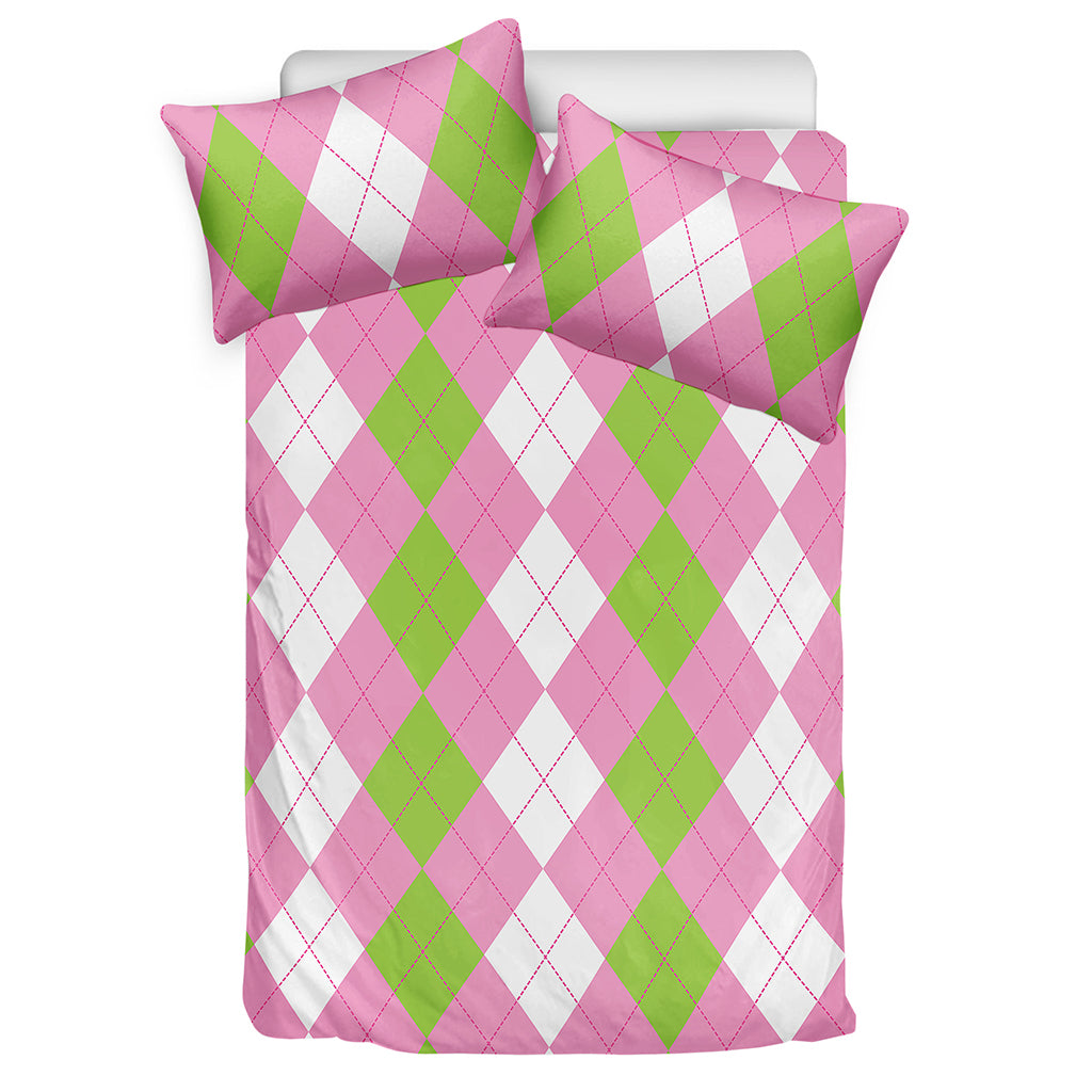 Green Pink And White Argyle Print Duvet Cover Bedding Set