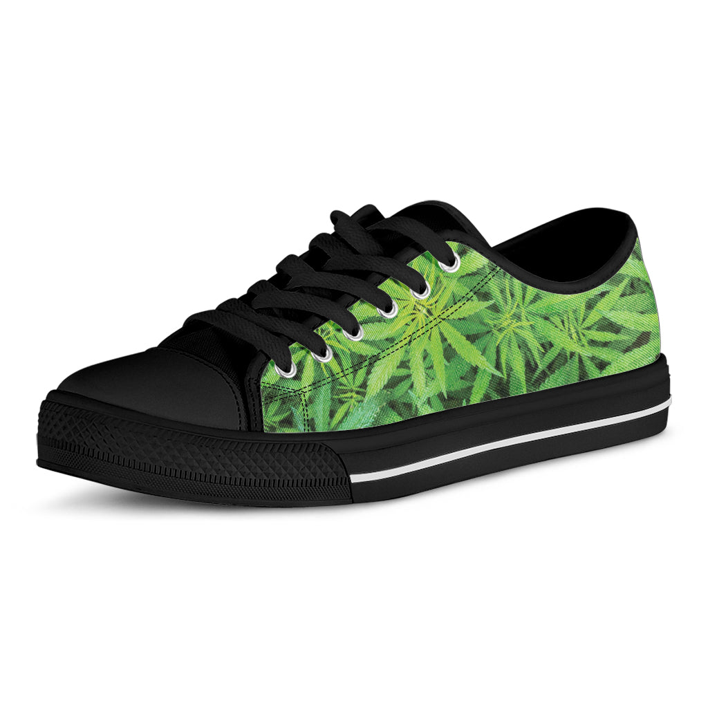 Green Pot Leaf Print Black Low Top Shoes
