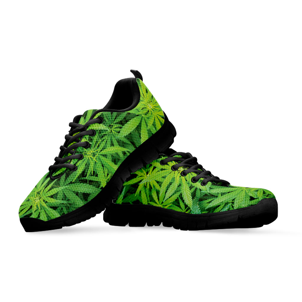 Green Pot Leaf Print Black Sneakers