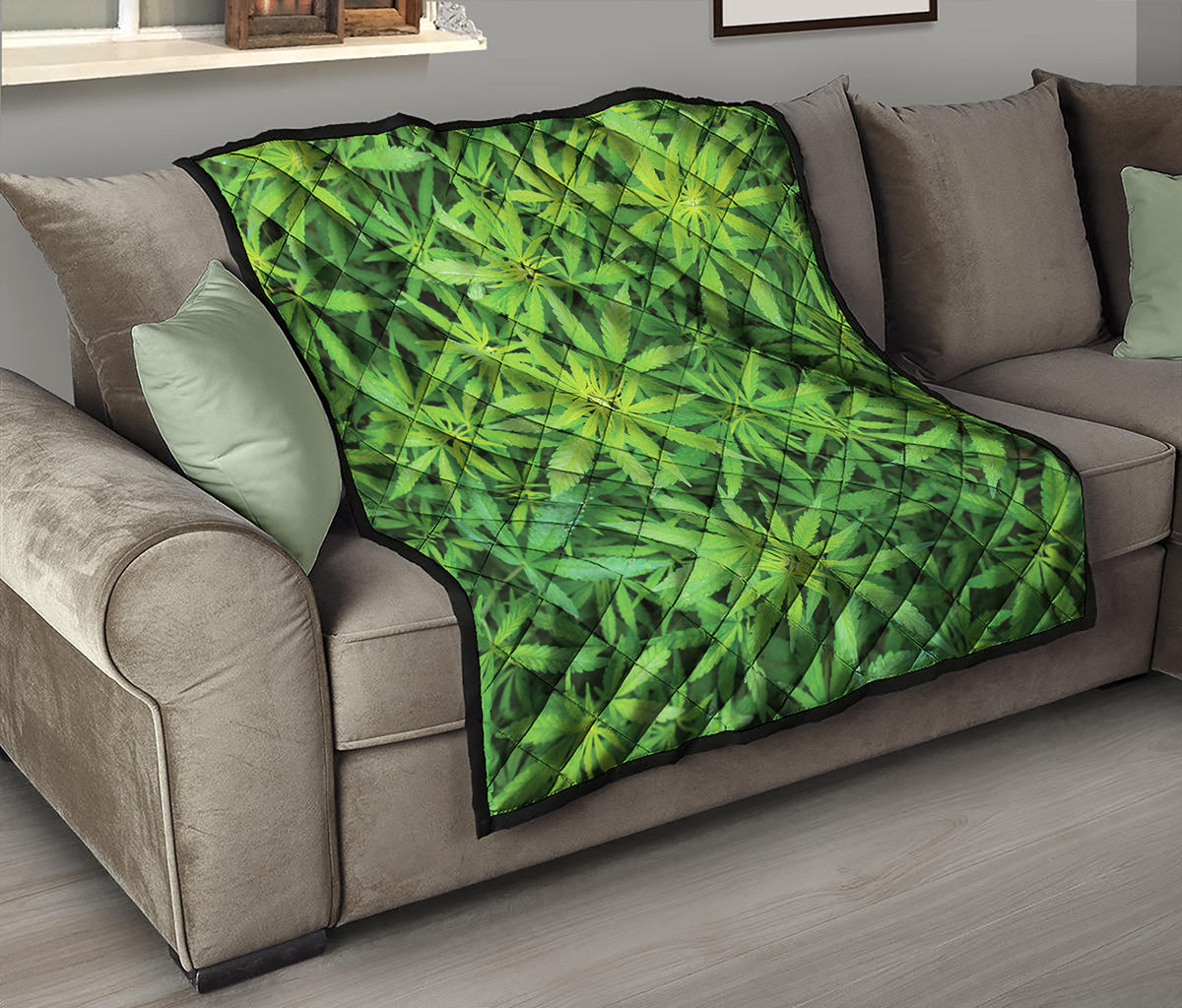 Green Pot Leaf Print Quilt