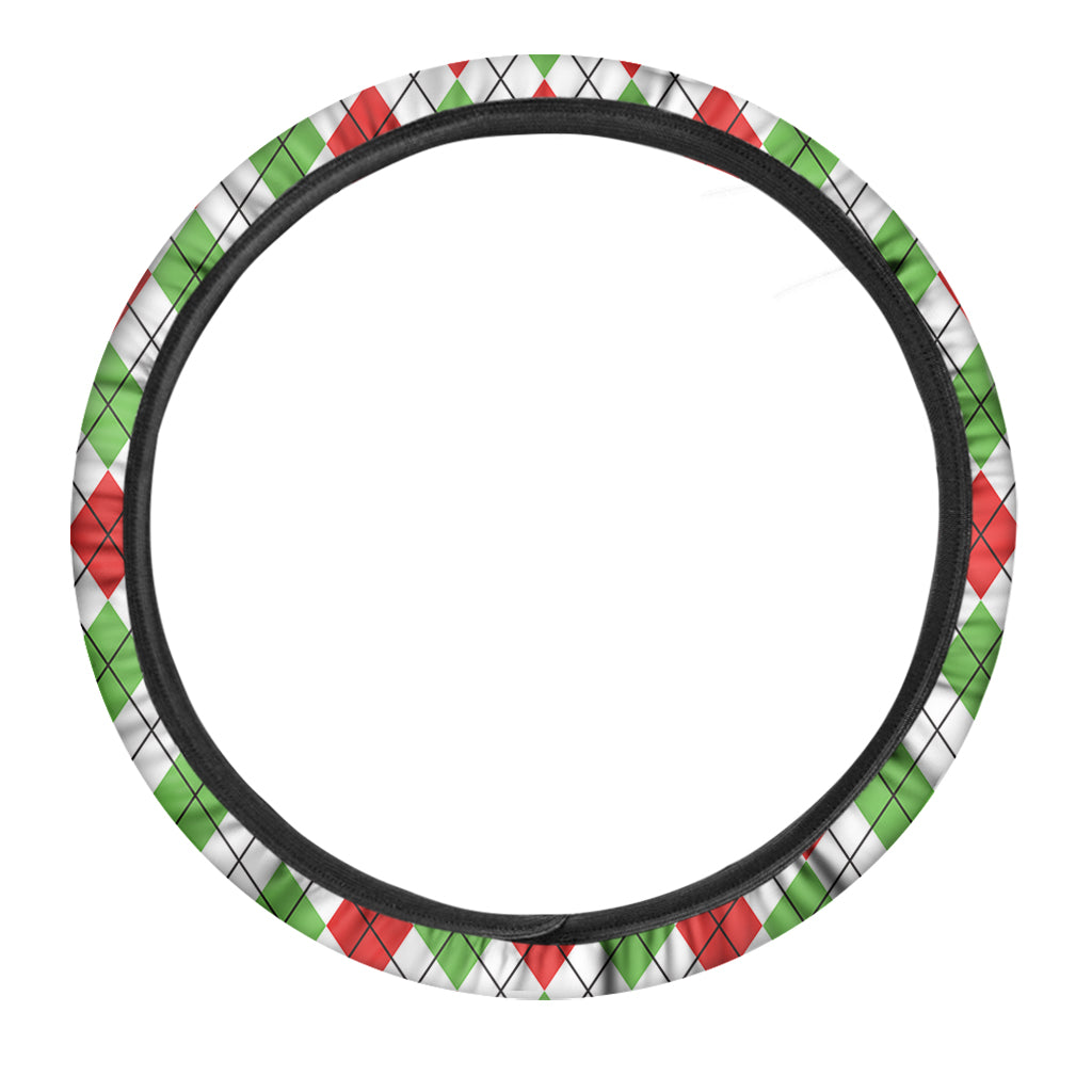Green Red And White Argyle Pattern Print Car Steering Wheel Cover