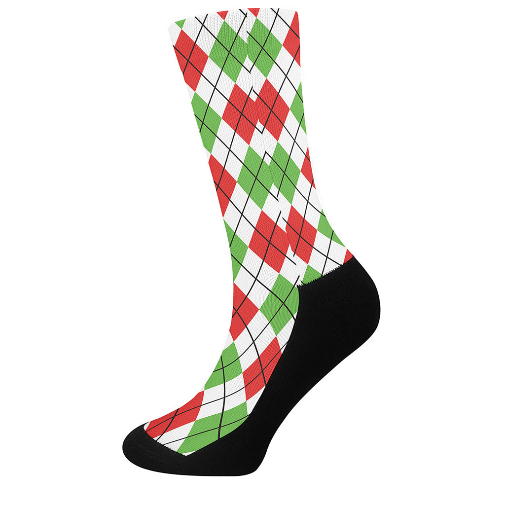 Green Red And White Argyle Pattern Print Crew Socks