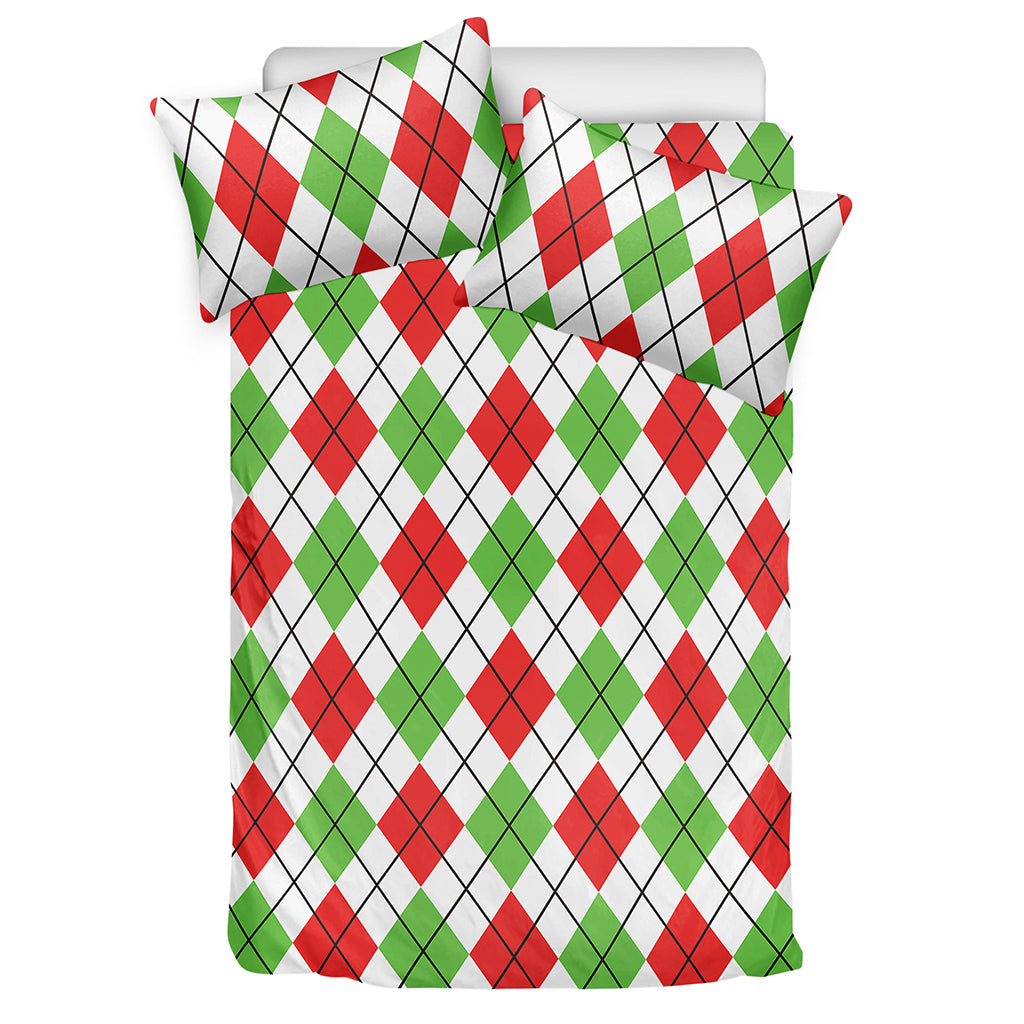 Green Red And White Argyle Pattern Print Duvet Cover Bedding Set