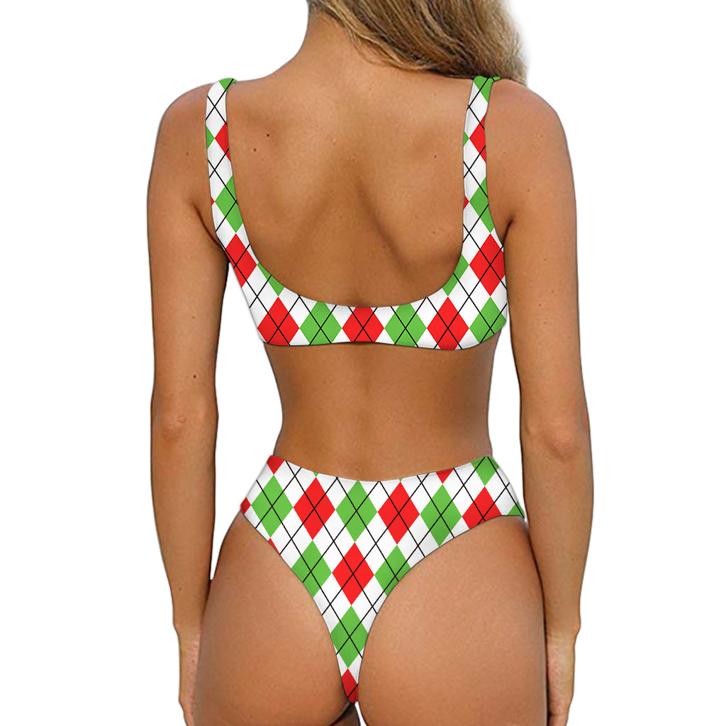 Green Red And White Argyle Pattern Print Front Bow Tie Bikini