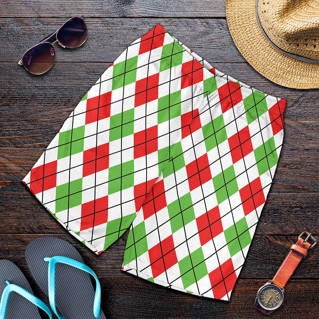 Green Red And White Argyle Pattern Print Men's Shorts