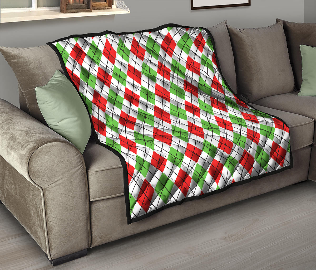 Green Red And White Argyle Pattern Print Quilt