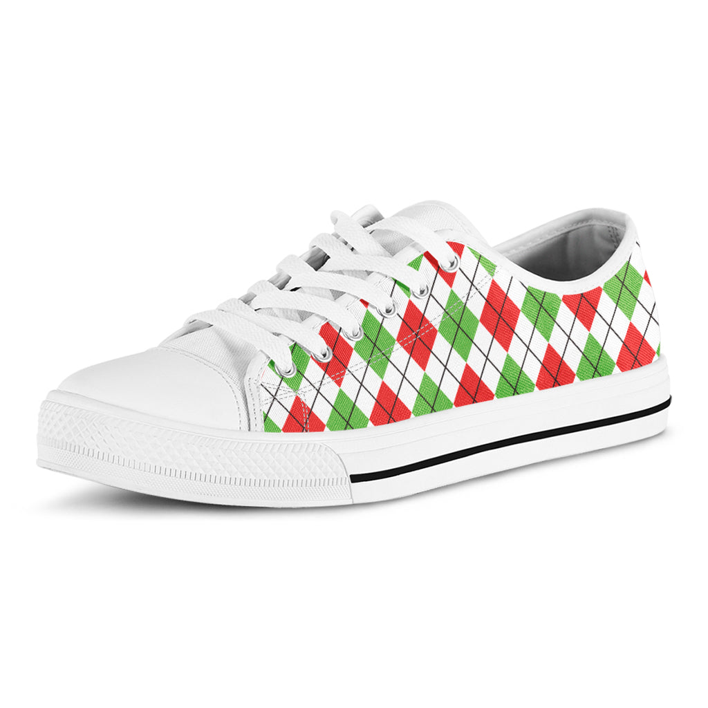 Green Red And White Argyle Pattern Print White Low Top Shoes