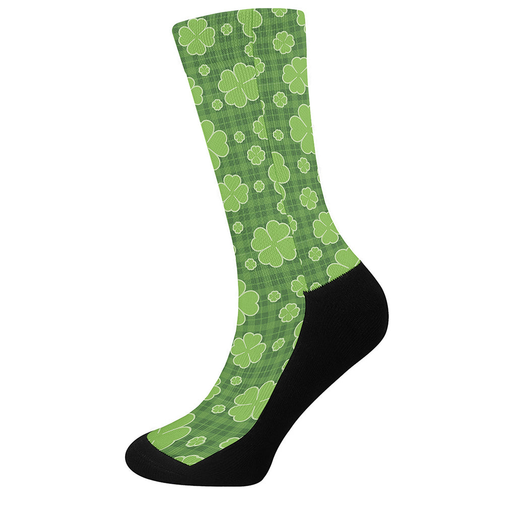 Green Shamrock Plaid Pattern Print Crew Socks