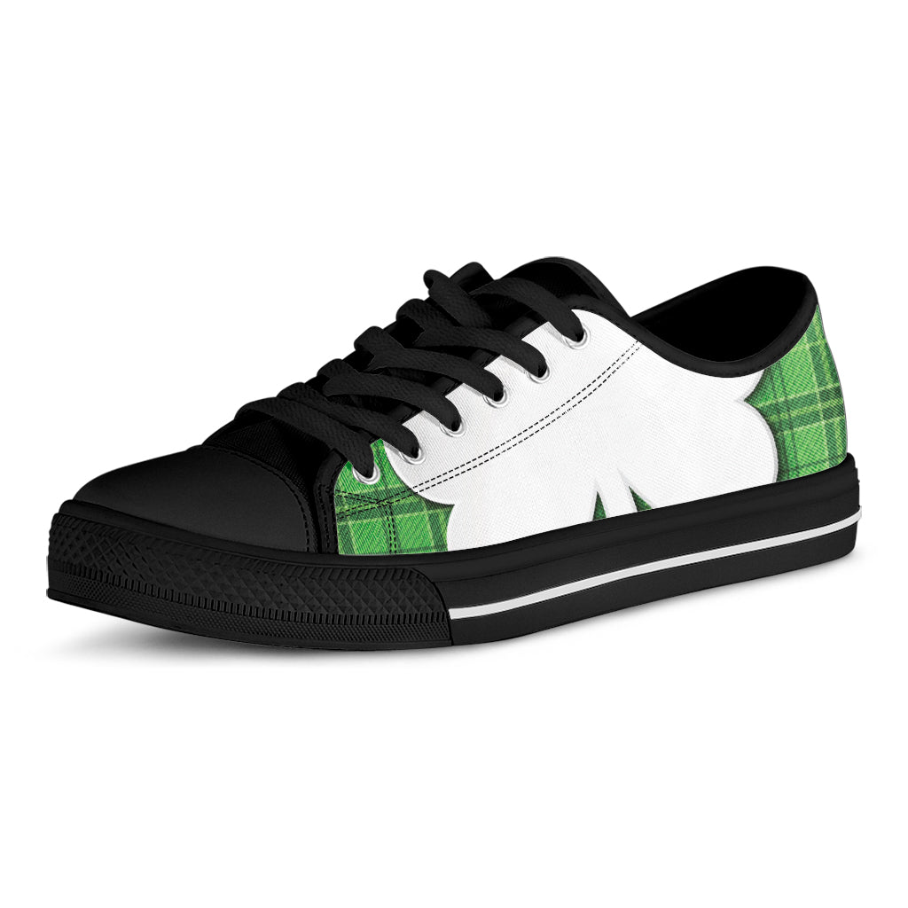 Green Shamrock Tartan Print Black Low Top Shoes