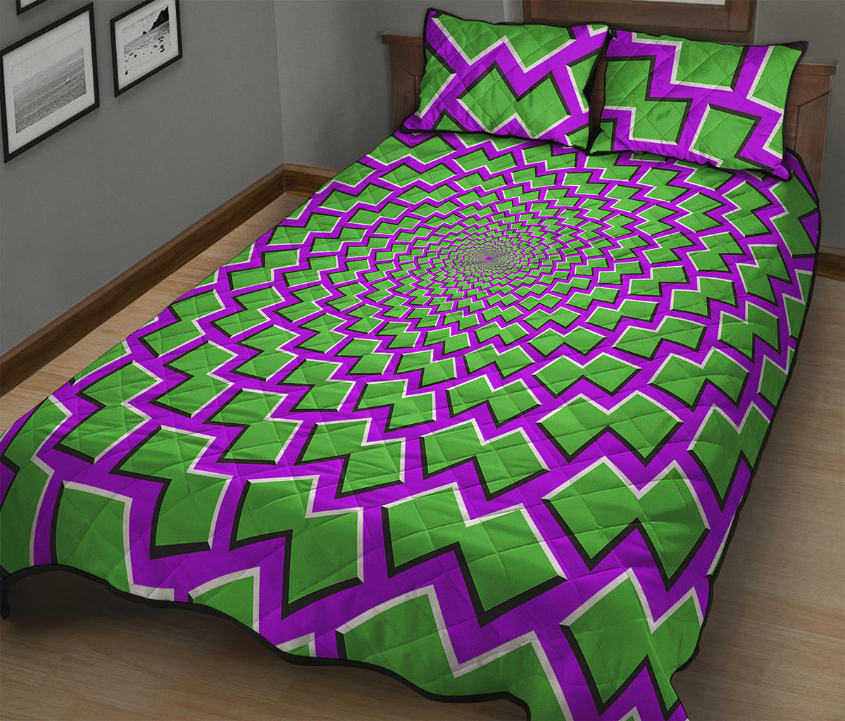 Green Shapes Moving Optical Illusion Quilt Bed Set