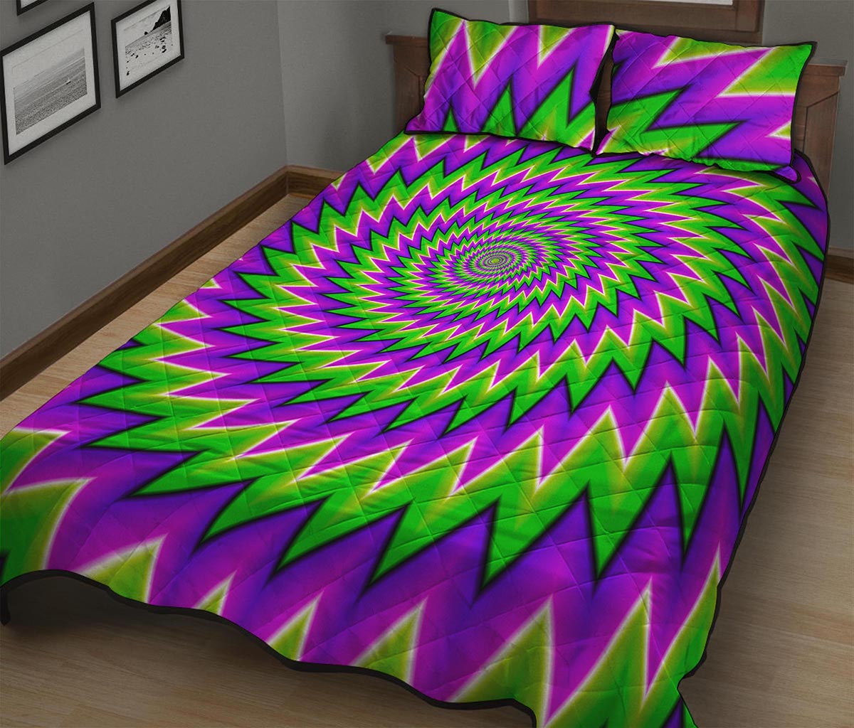 Green Spiral Moving Optical Illusion Quilt Bed Set