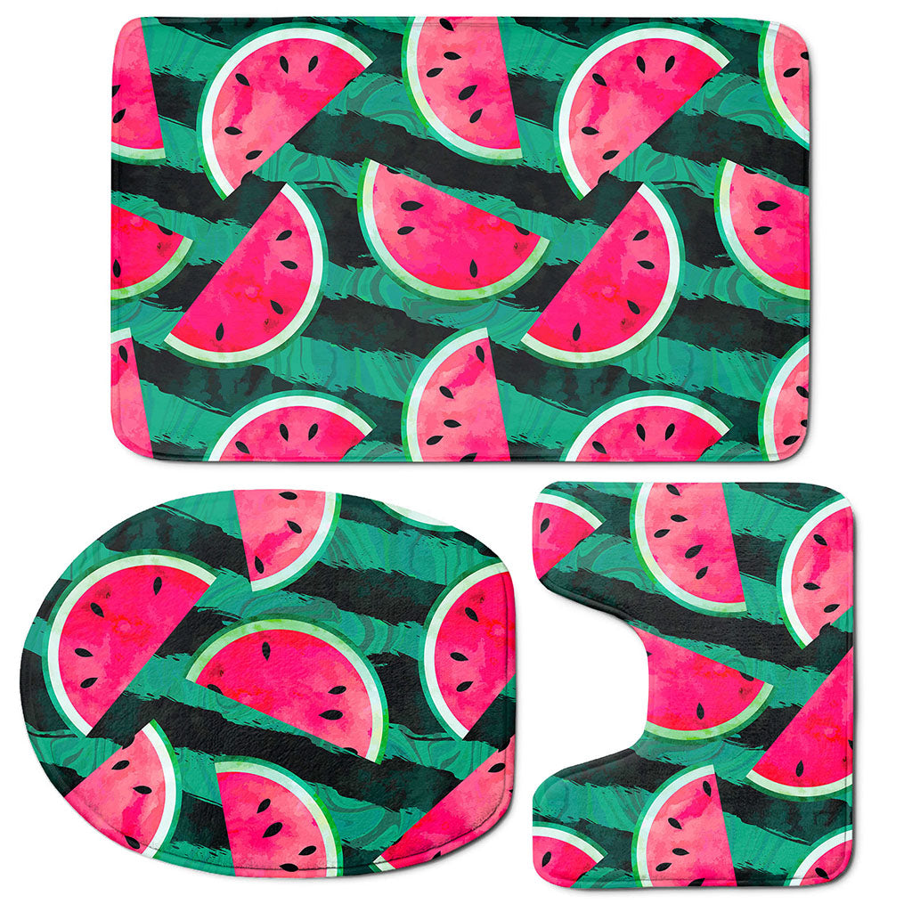 Green Striped Watermelon Pattern Print 3 Piece Bath Mat Set