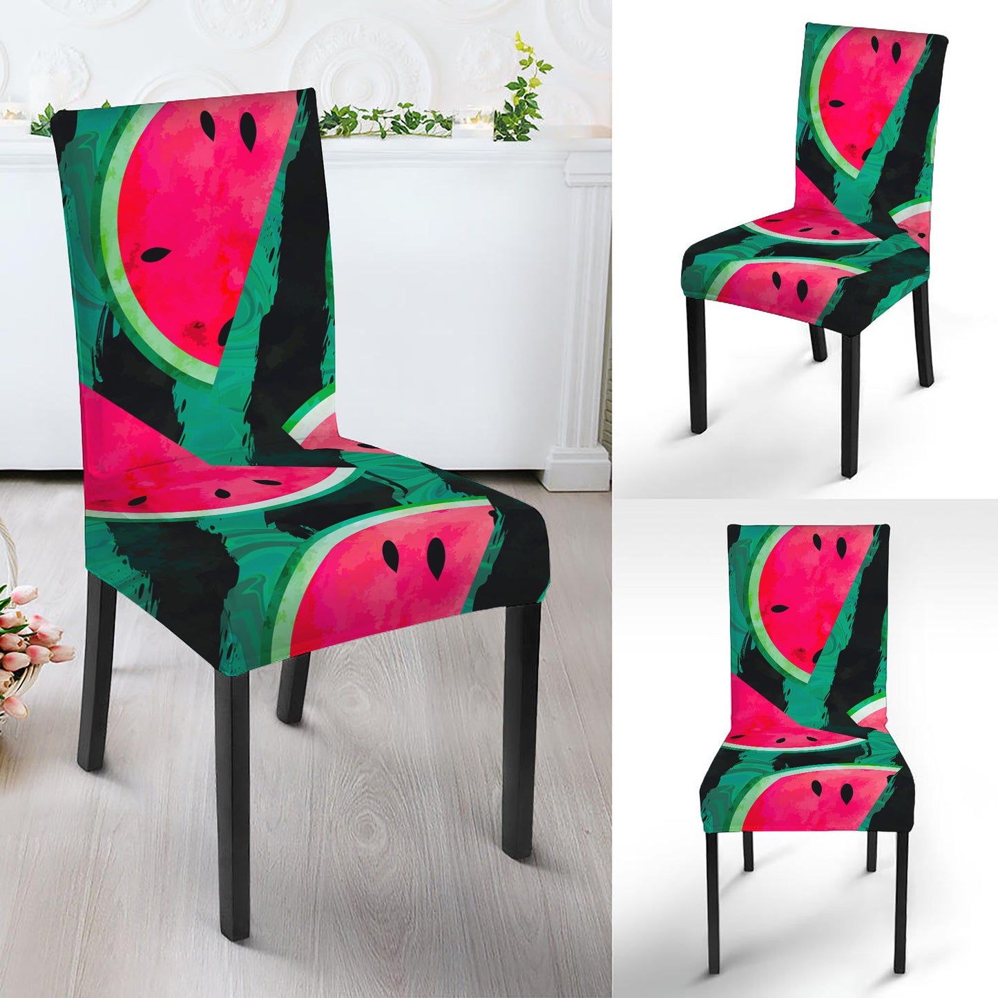 Green Striped Watermelon Pattern Print Dining Chair Slipcover