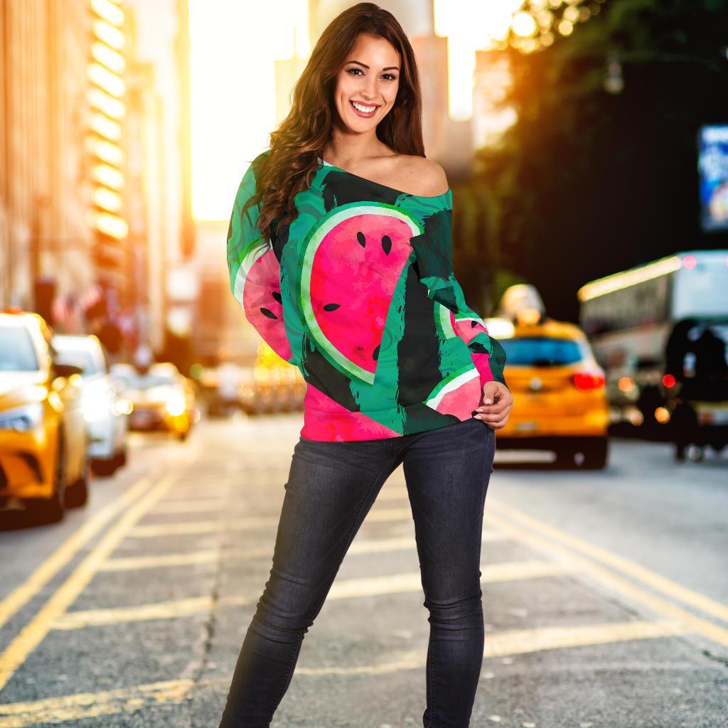 Green Striped Watermelon Pattern Print Off Shoulder Sweatshirt GearFrost