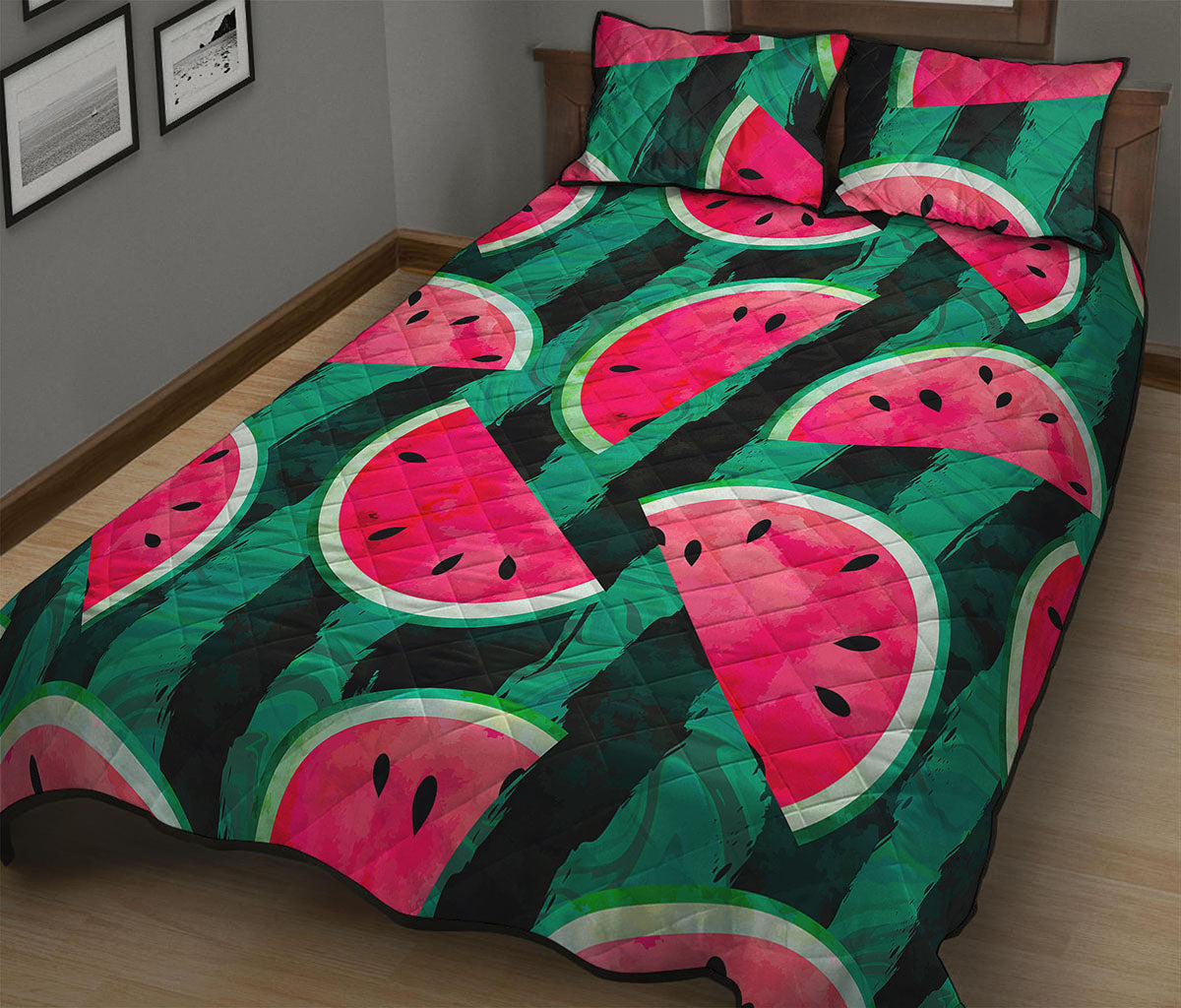 Green Striped Watermelon Pattern Print Quilt Bed Set