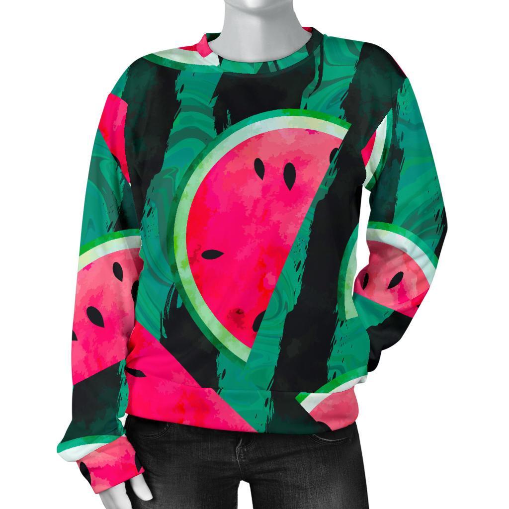 Green Striped Watermelon Pattern Print Women's Crewneck Sweatshirt GearFrost