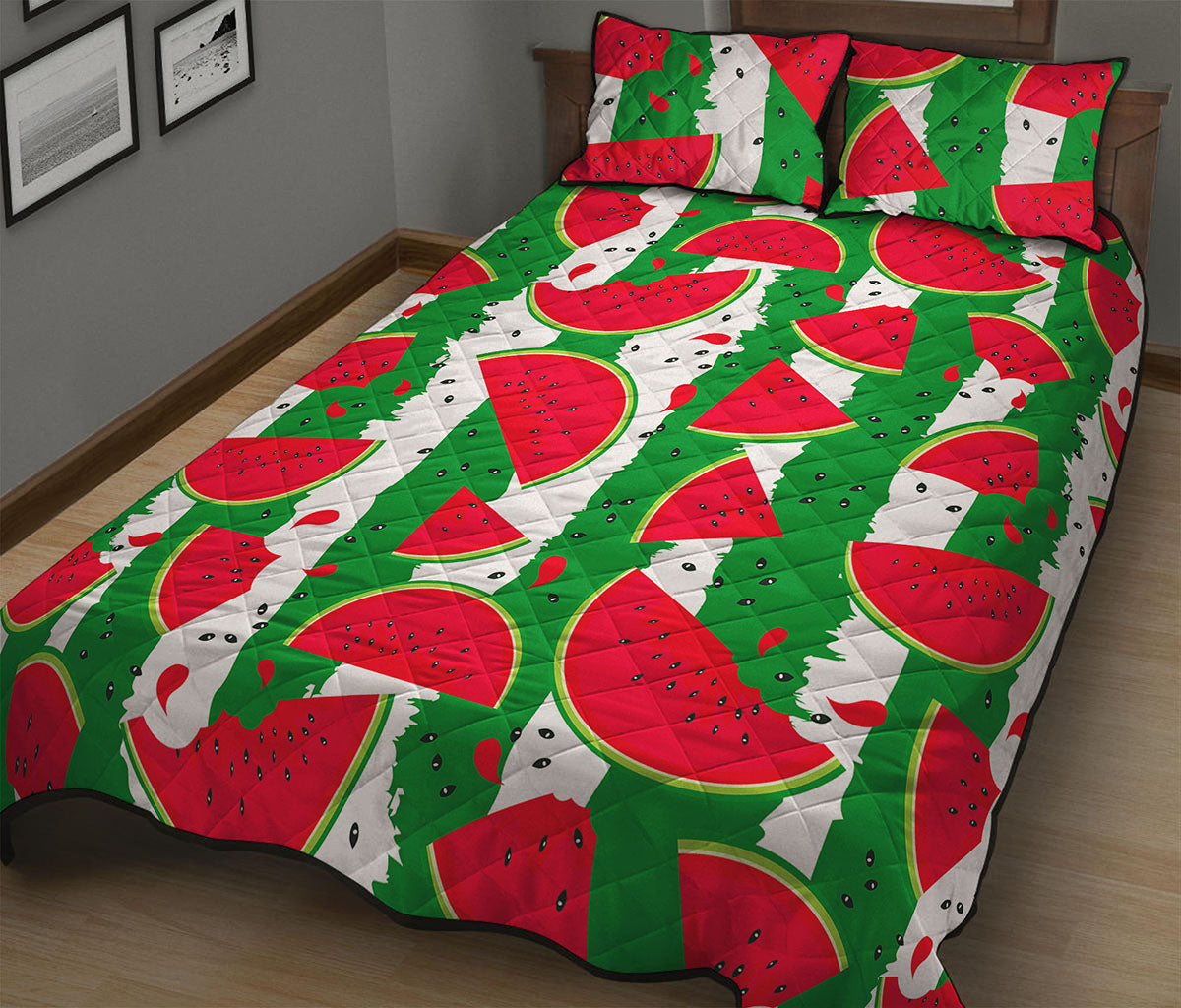 Green Stripes Watermelon Pattern Print Quilt Bed Set