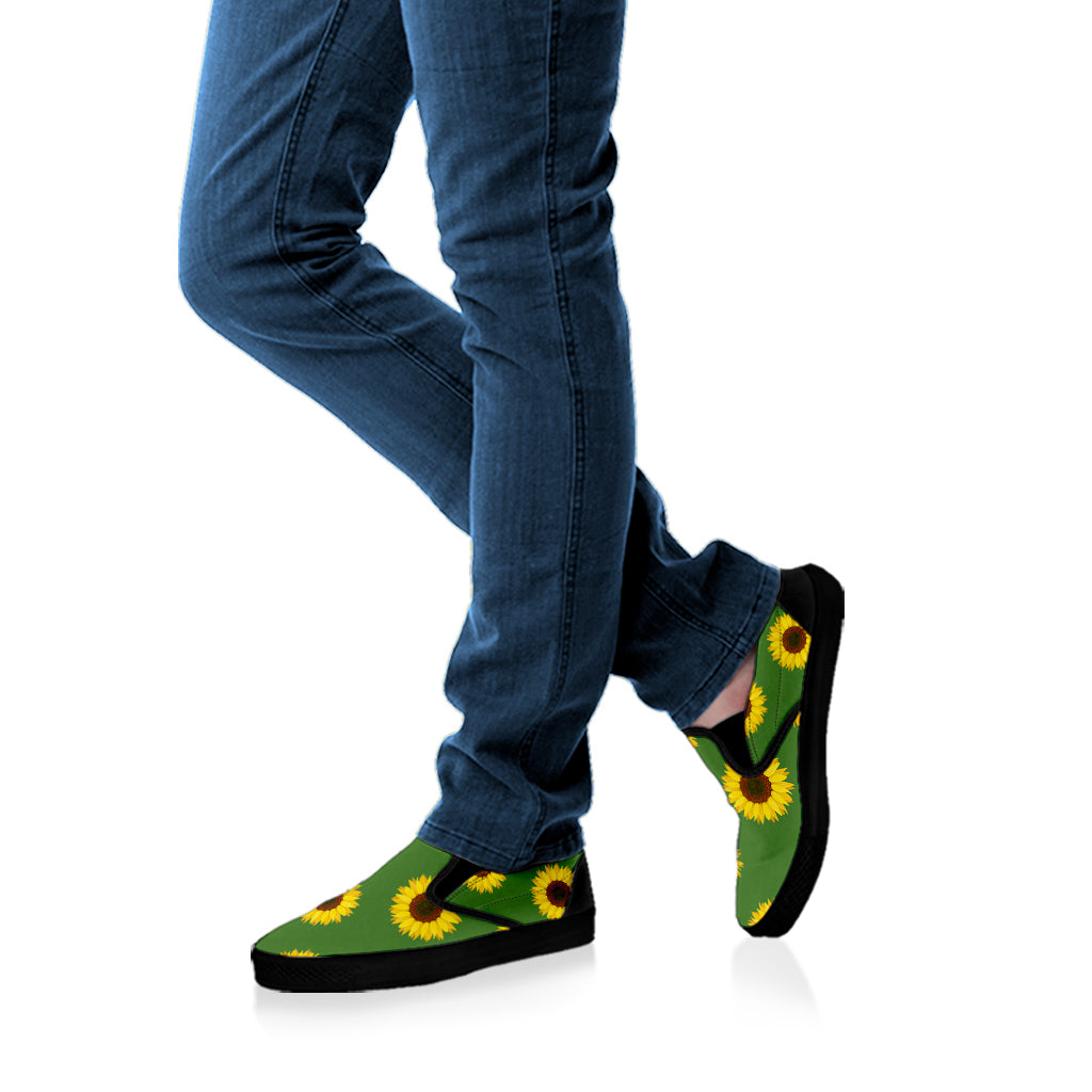 Green Sunflower Pattern Print Black Slip On Shoes