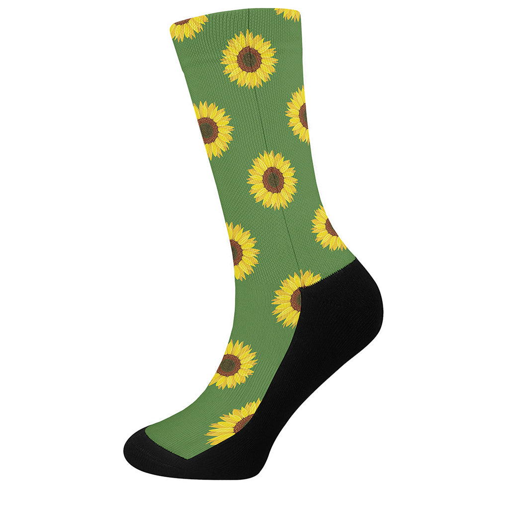 Green Sunflower Pattern Print Crew Socks