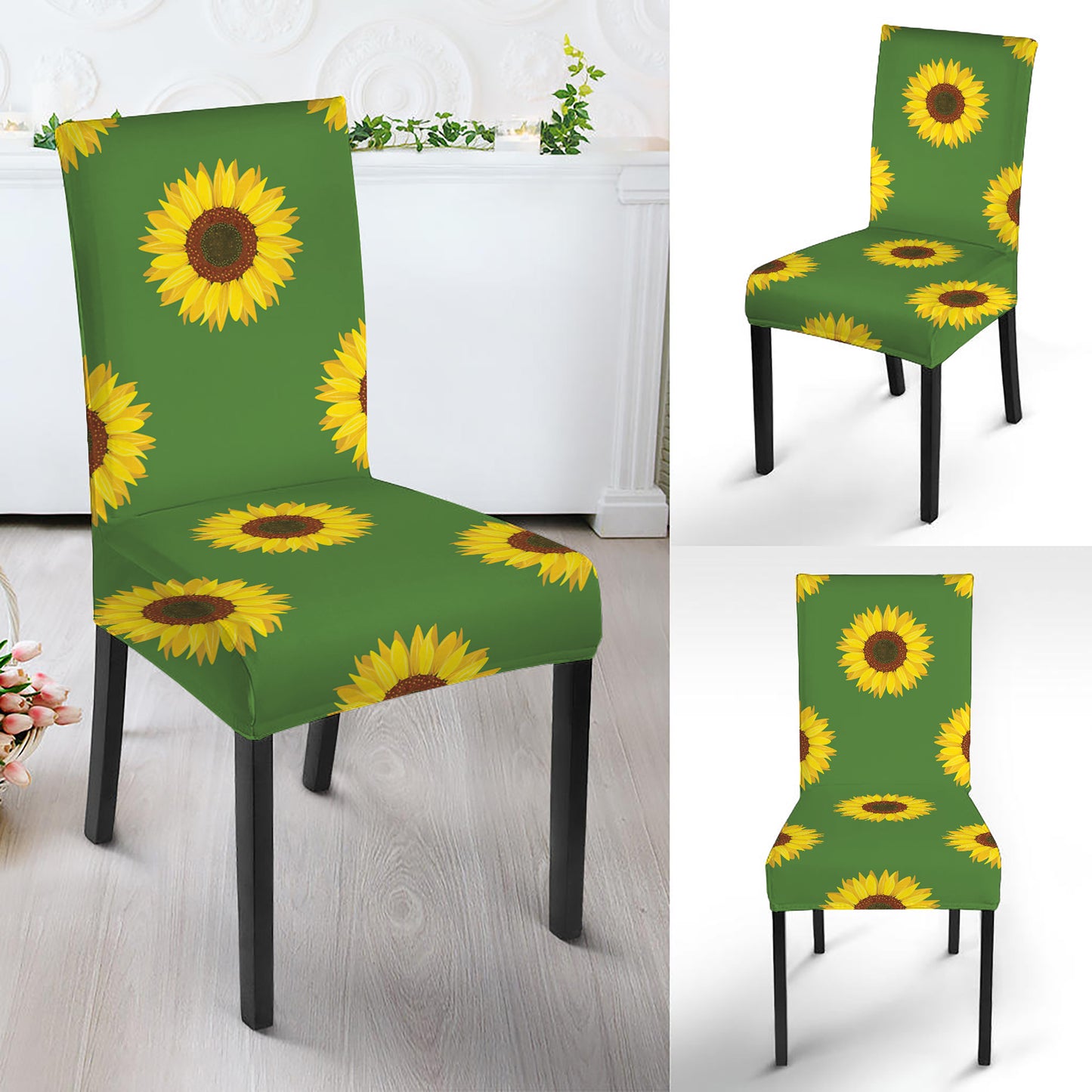 Green Sunflower Pattern Print Dining Chair Slipcover