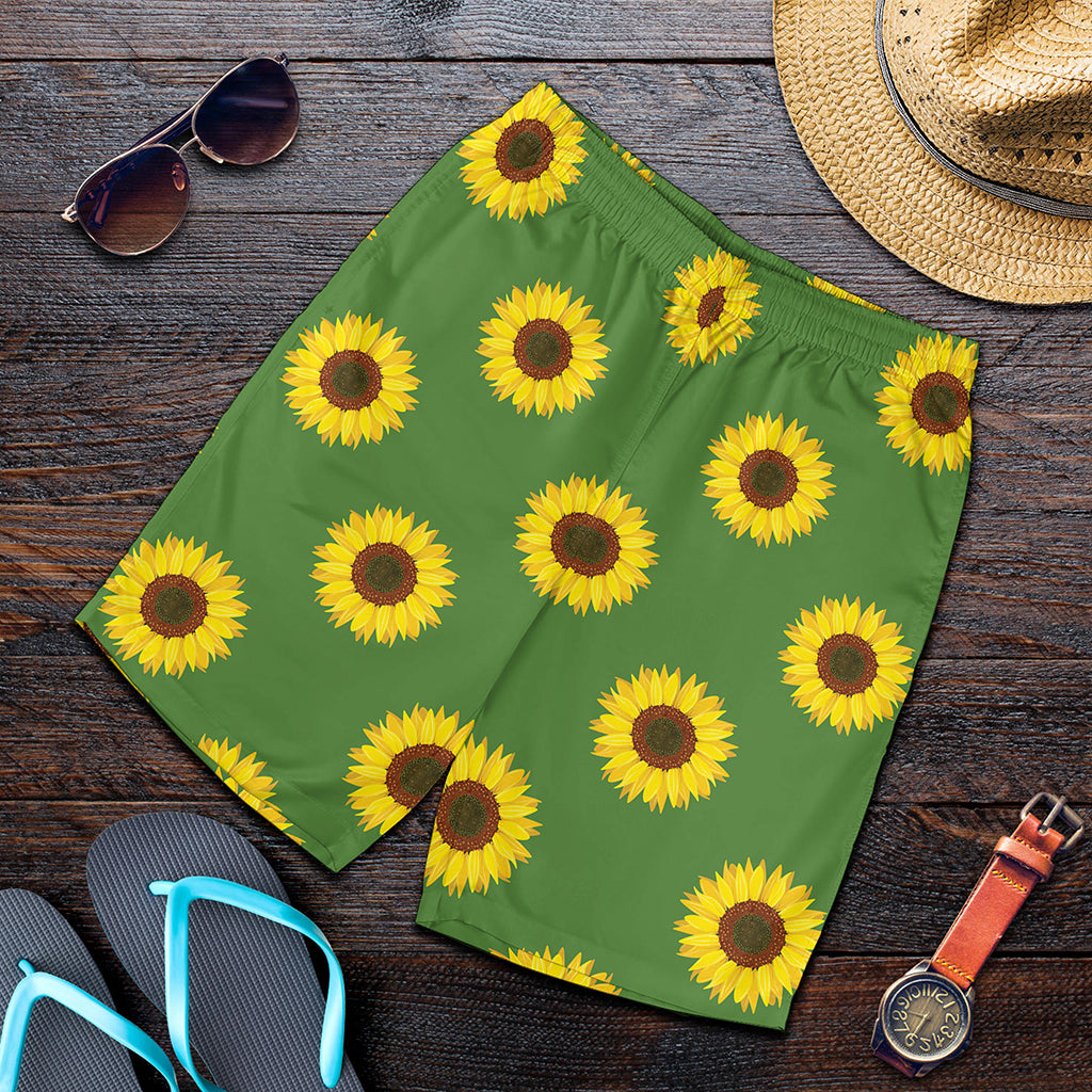Green Sunflower Pattern Print Men's Shorts