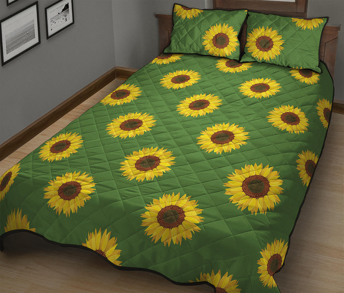 Green Sunflower Pattern Print Quilt Bed Set