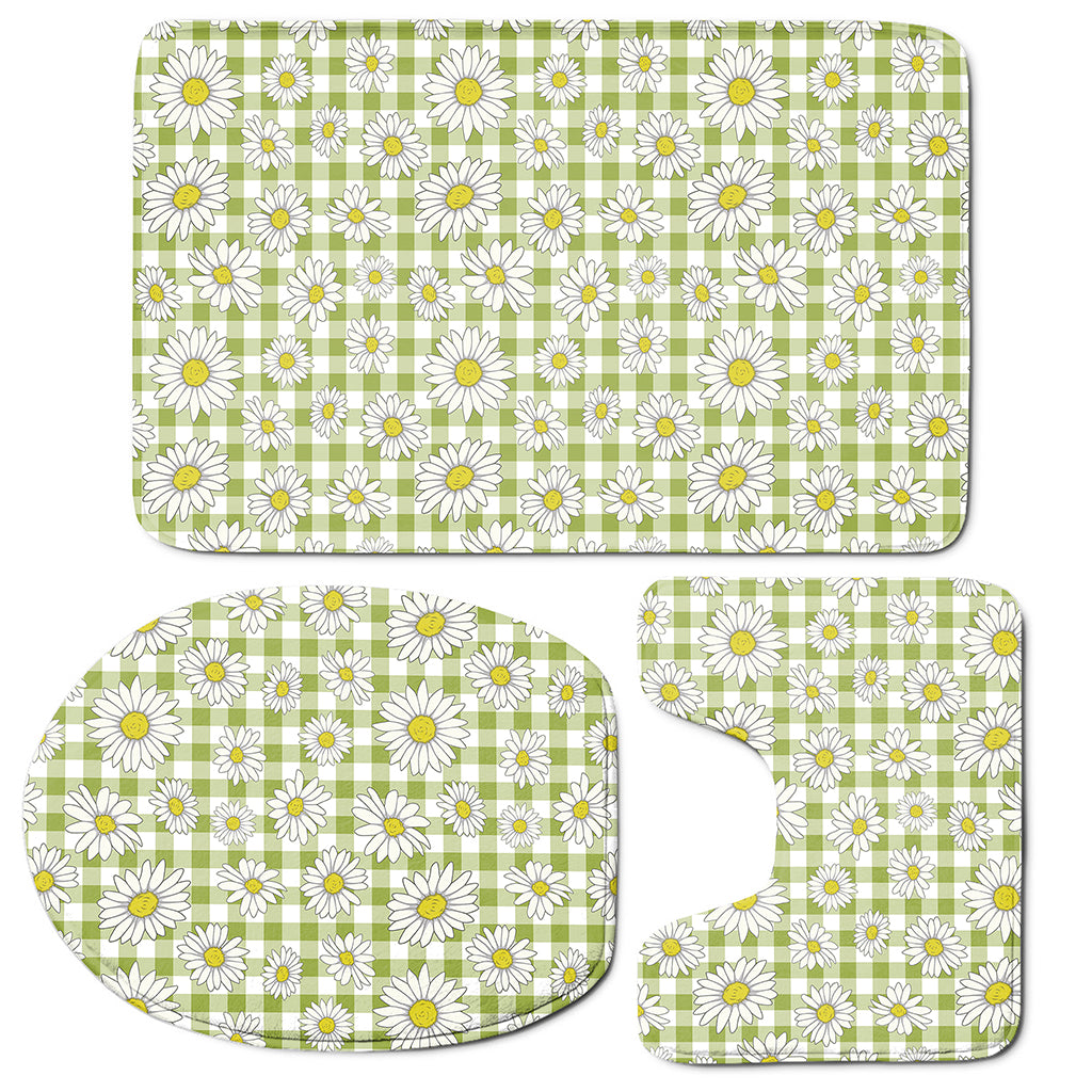 Green Tartan Daisy Pattern Print 3 Piece Bath Mat Set