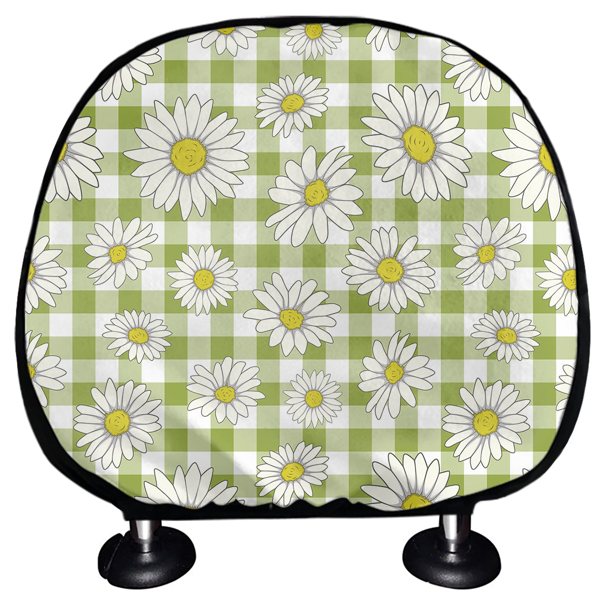 Green Tartan Daisy Pattern Print Car Headrest Covers