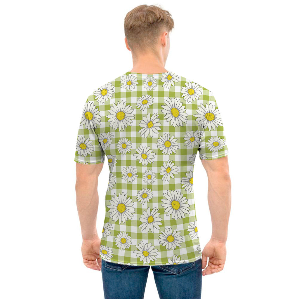 Green Tartan Daisy Pattern Print Men's T-Shirt