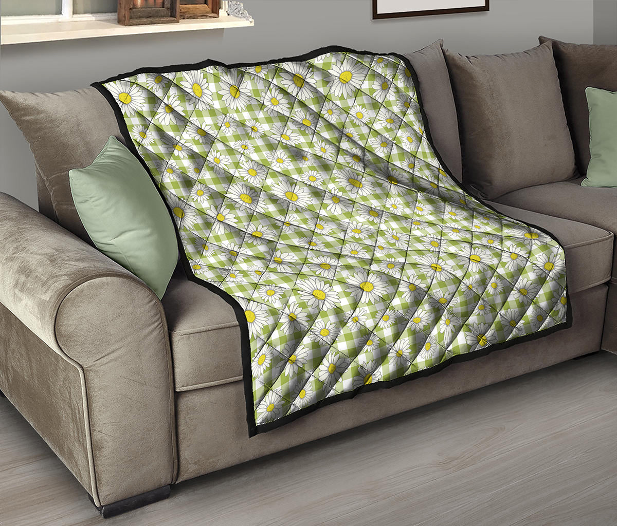 Green Tartan Daisy Pattern Print Quilt