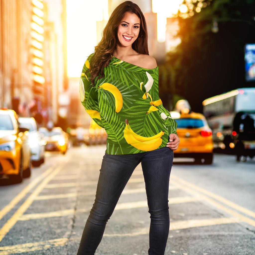 Green Tropical Banana Pattern Print Off Shoulder Sweatshirt GearFrost
