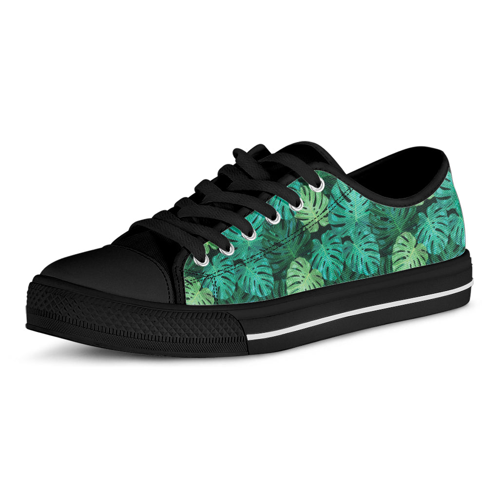 Green Tropical Monstera Pattern Print Black Low Top Shoes