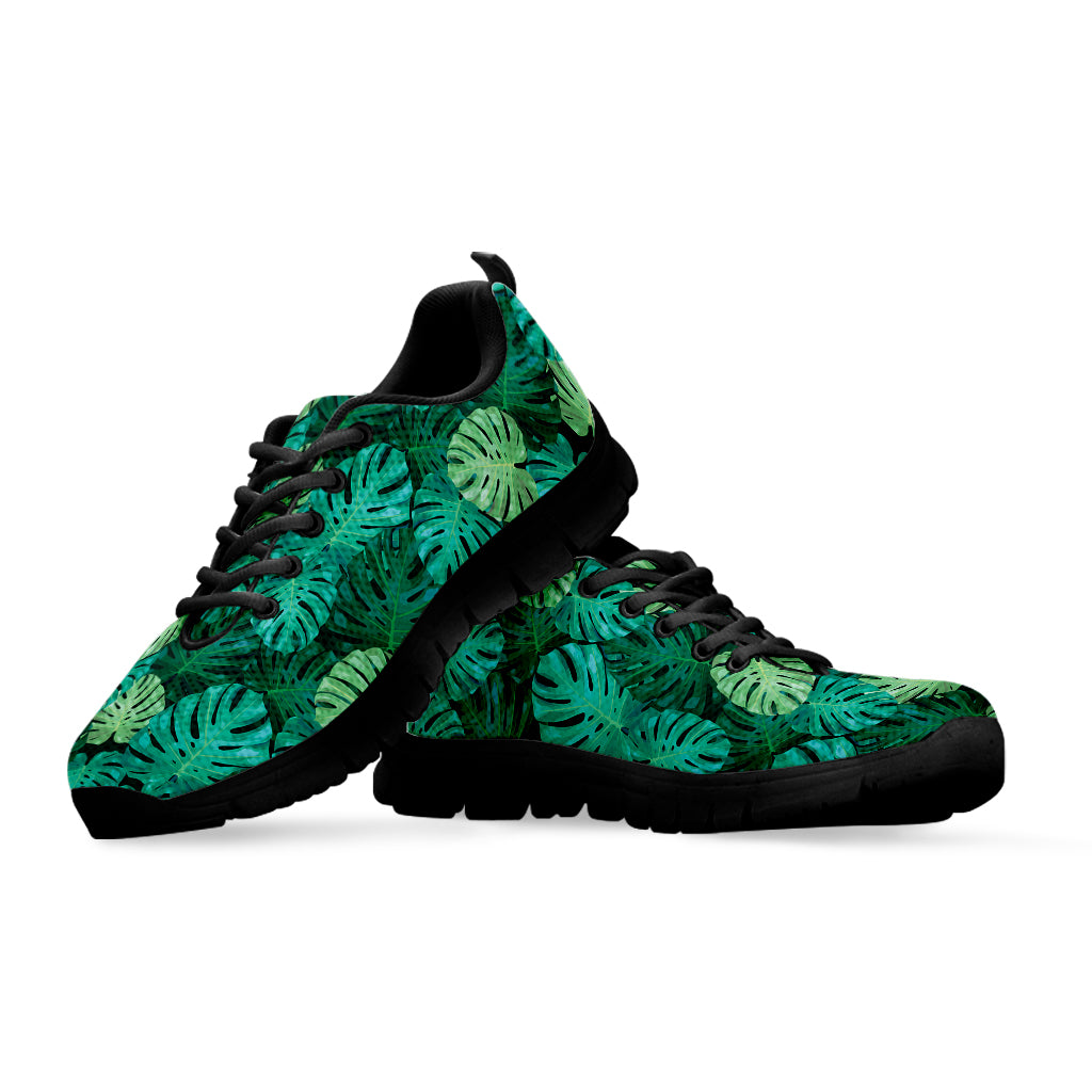 Green Tropical Monstera Pattern Print Black Sneakers