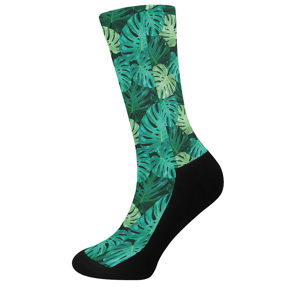 Green Tropical Monstera Pattern Print Crew Socks