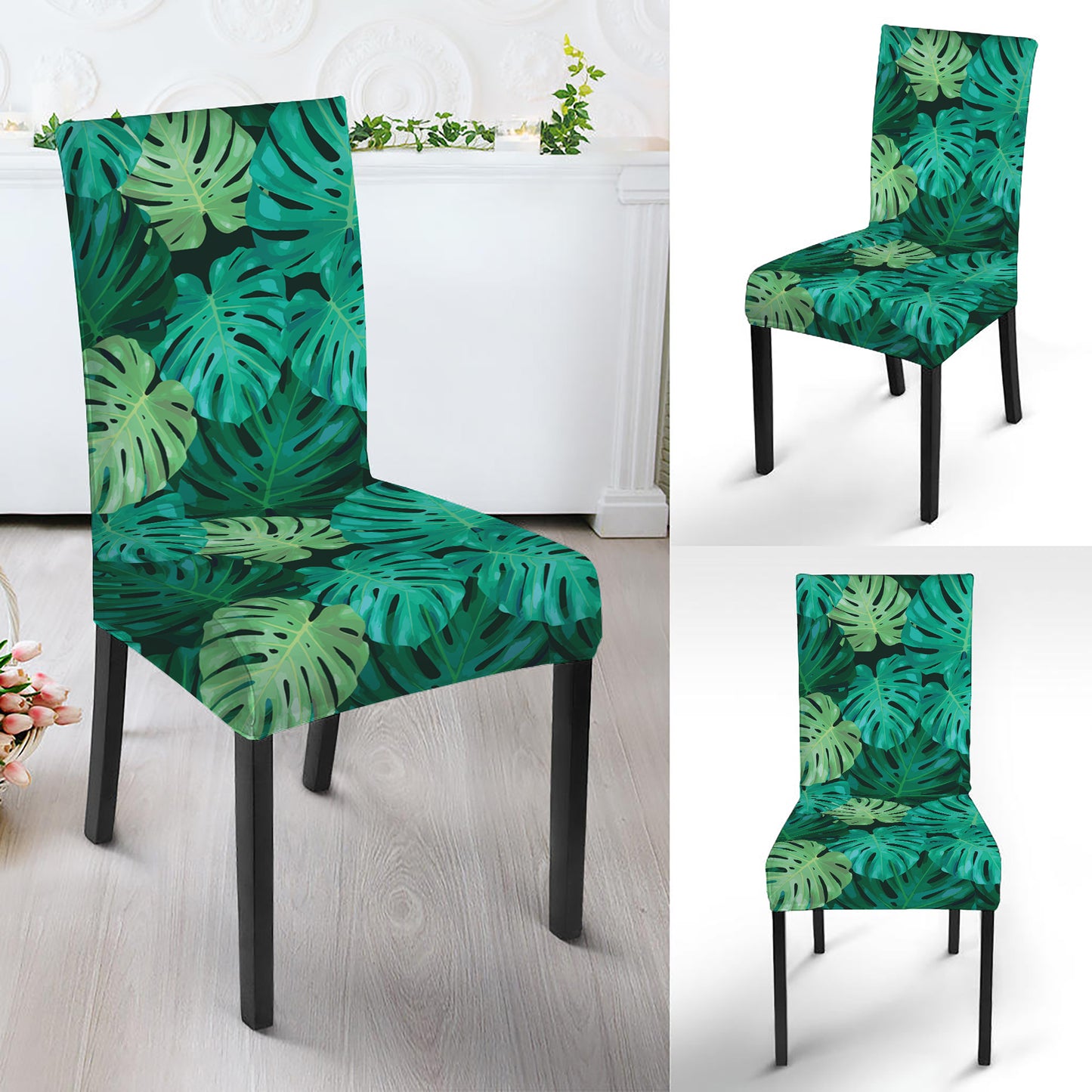 Green Tropical Monstera Pattern Print Dining Chair Slipcover