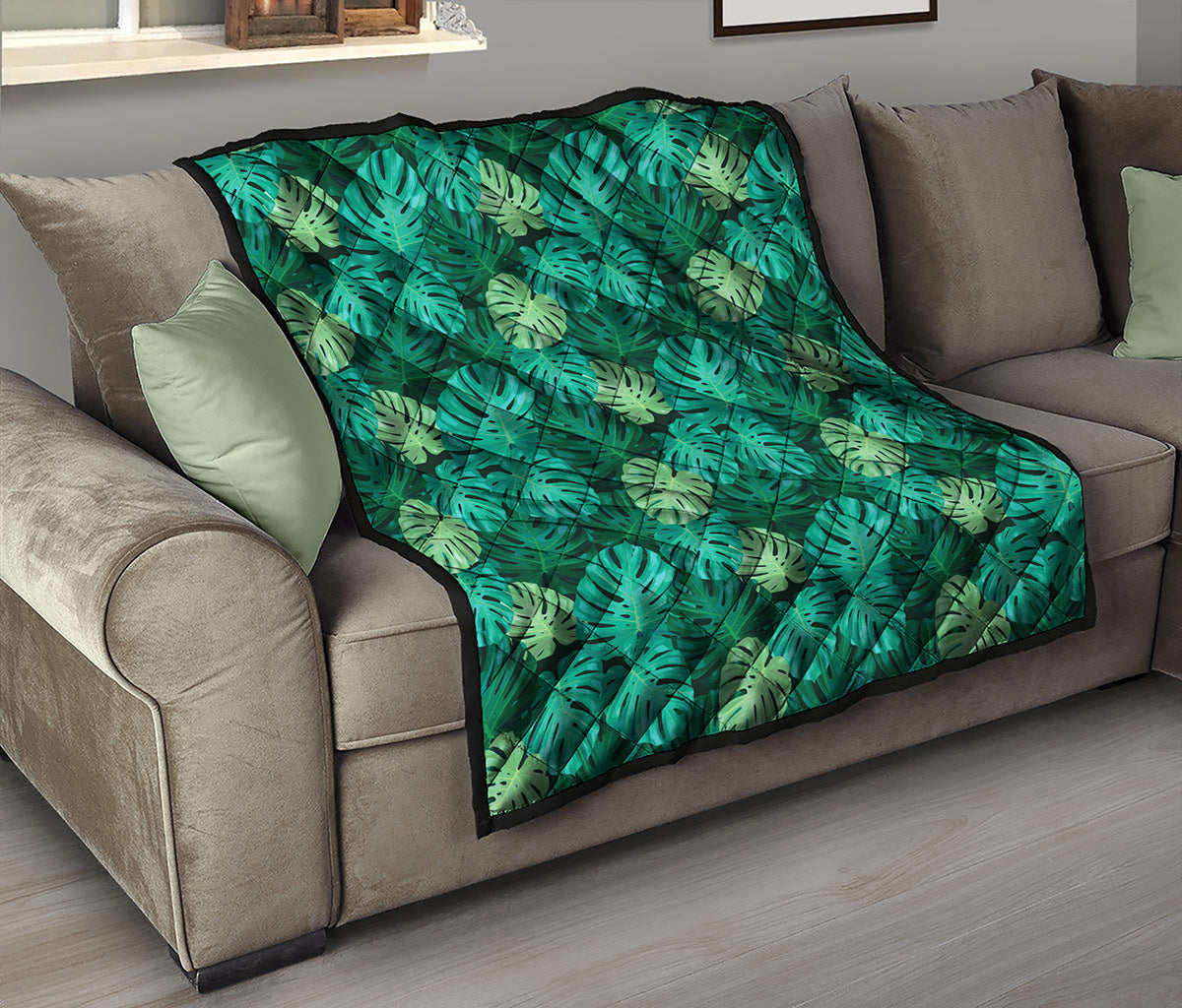 Green Tropical Monstera Pattern Print Quilt