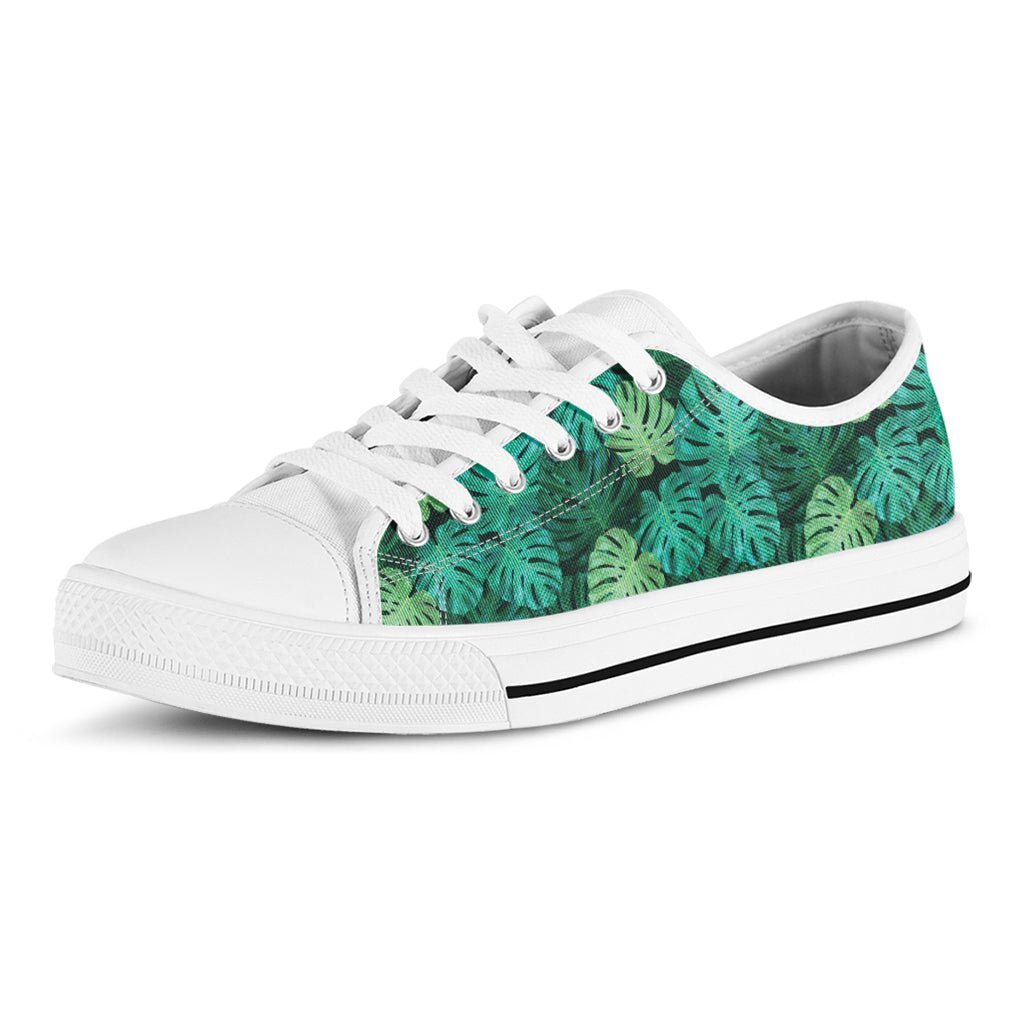 Green Tropical Monstera Pattern Print White Low Top Shoes