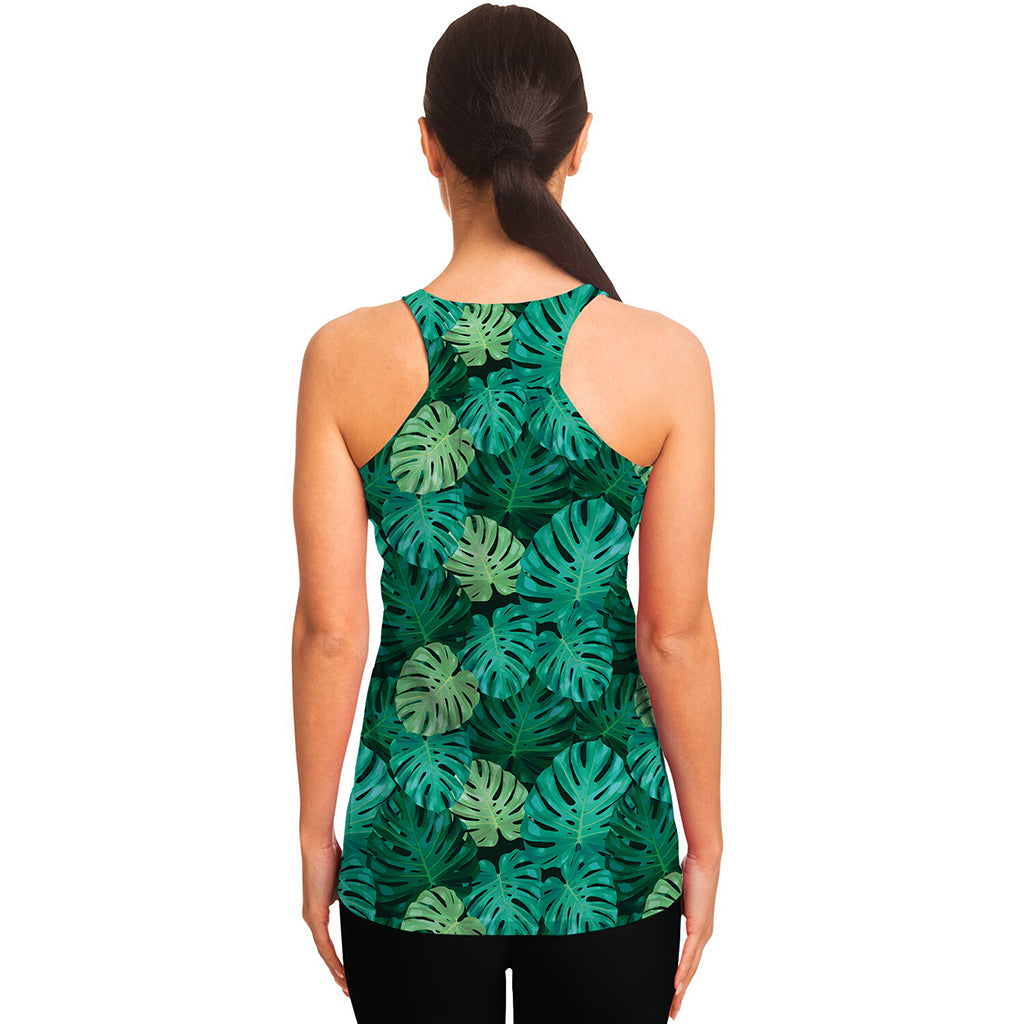 Green Tropical Monstera Pattern Print Women's Racerback Tank Top