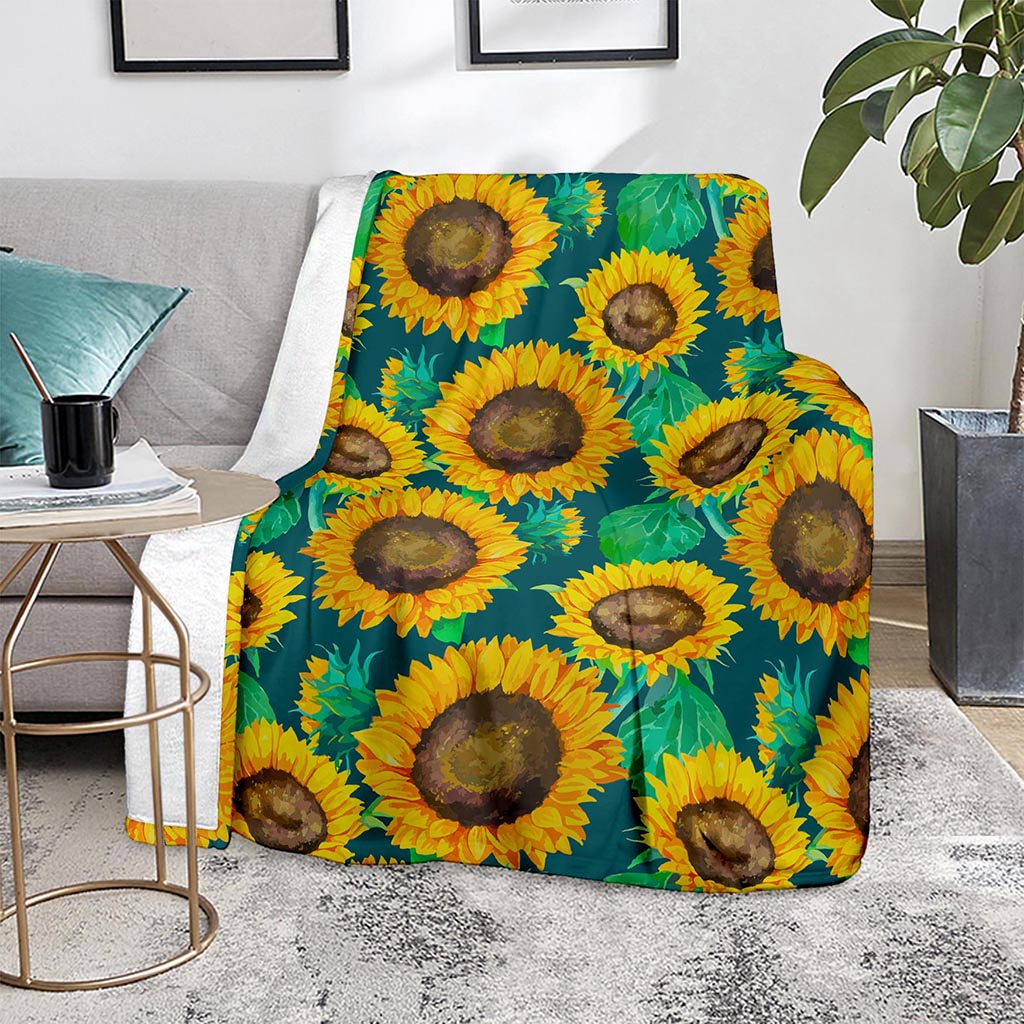 Green Watercolor Sunflower Pattern Print Blanket
