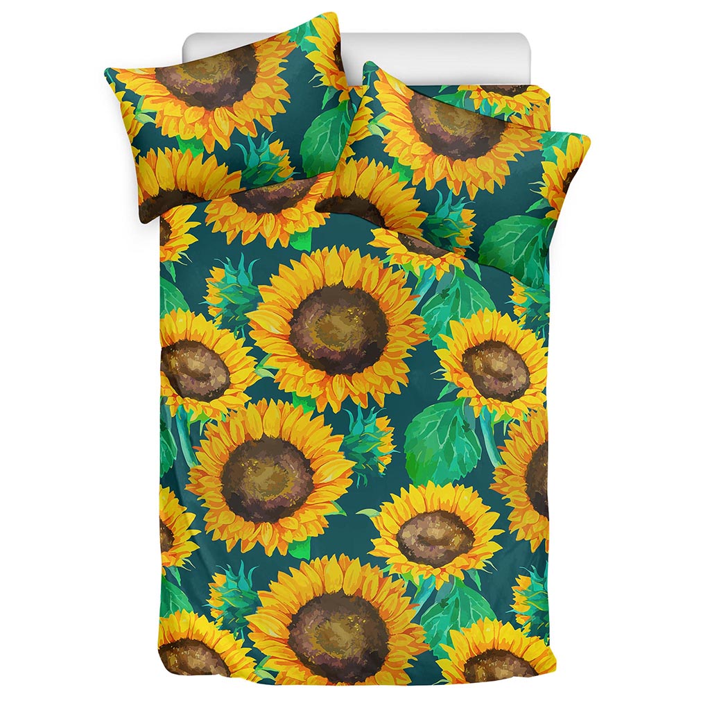 Green Watercolor Sunflower Pattern Print Duvet Cover Bedding Set