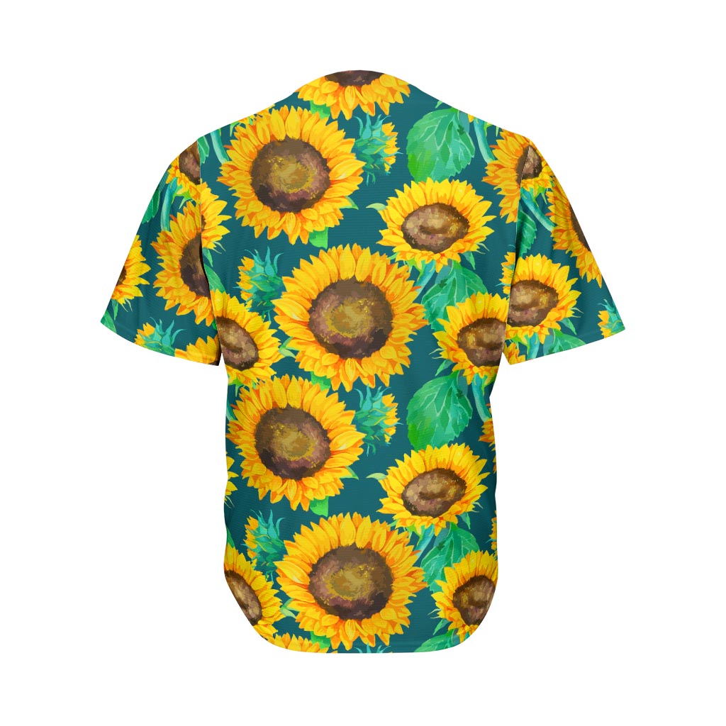 Green Watercolor Sunflower Pattern Print Men's Baseball Jersey