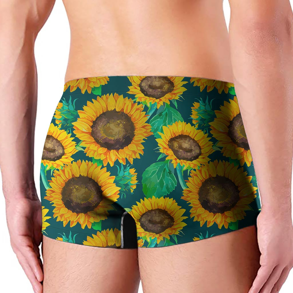 Green Watercolor Sunflower Pattern Print Men's Boxer Briefs