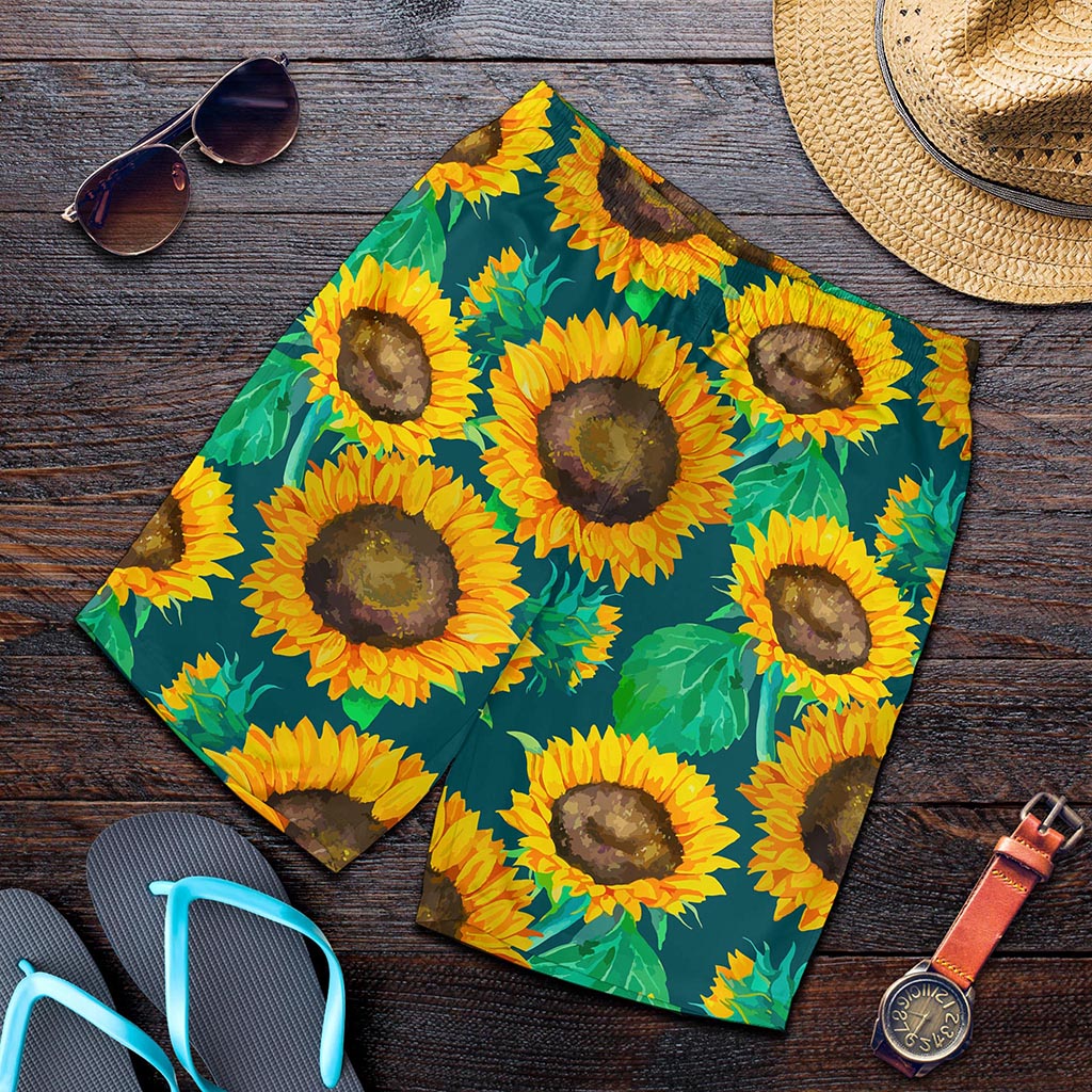 Green Watercolor Sunflower Pattern Print Men's Shorts