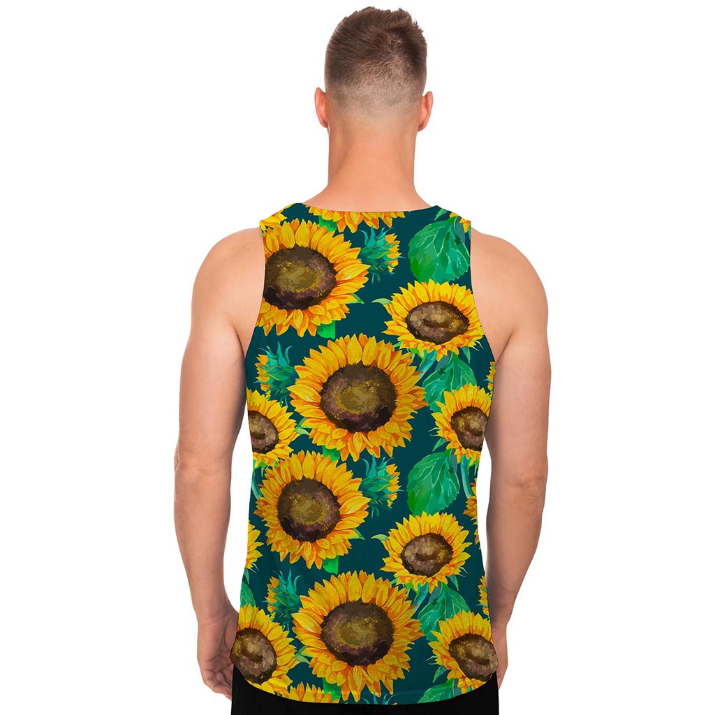 Green Watercolor Sunflower Pattern Print Men's Tank Top