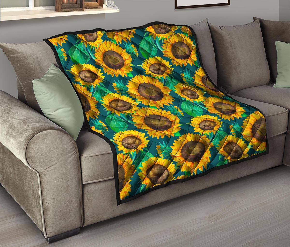Green Watercolor Sunflower Pattern Print Quilt