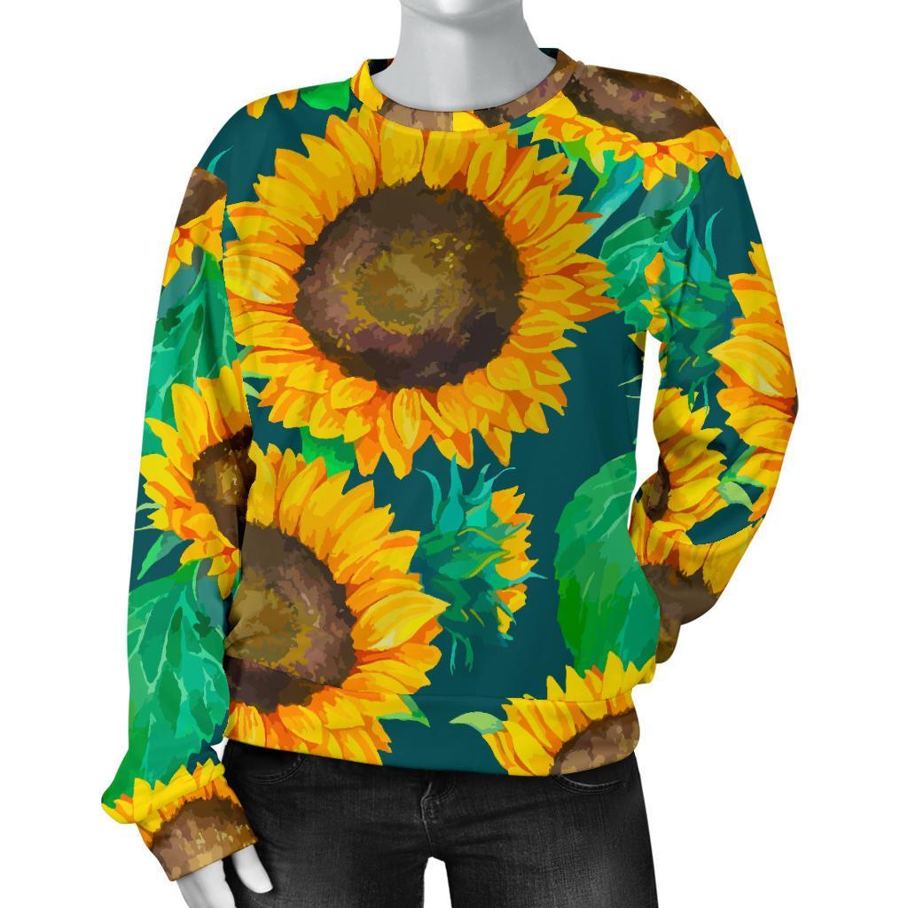 Green Watercolor Sunflower Pattern Print Women's Crewneck Sweatshirt GearFrost